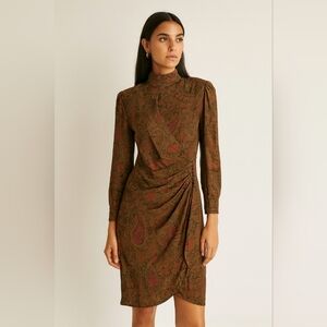 Vintage Paisley Ruched Long Sleeve Dress